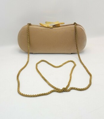 Vintage Gold Beige Taffeta Rodo Italy Chain Evening Bag Purse