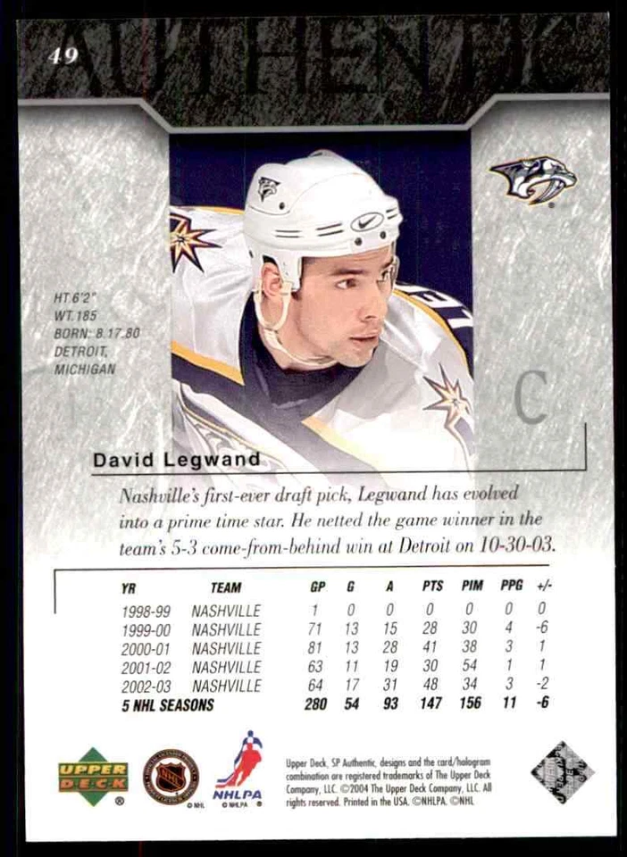 2003-04 SP Authentic David Legwand #49 - Image 2 of 2
