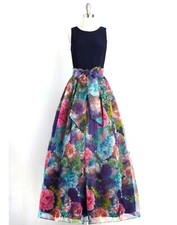 ELIZA J Navy Floral Organza Skirt Jersey Top Belted Waist Tie Ball-Gown Dress 14