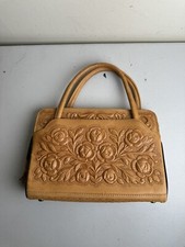 Hand Tooled Brown Leather Floral Design Hand Bag Made in Mexico