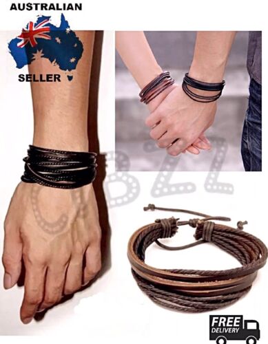 Mens Bracelet Wristband Leather Rope Braid Tie Up Vintage Wrap BROWN - Picture 1 of 4