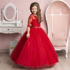 Red Short Sleeve A-line Applique Princess Flower Girl Dress Party Long Gowns