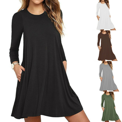 Womens Long Sleeve Pocket Dress Casual Ladies Loose T-Shirt Dresses Swing  Dress