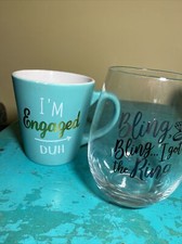 Fun Engagement Engaged Aqua Matte Coffee Mug And Stemless Wine Glass-Lot Of 2