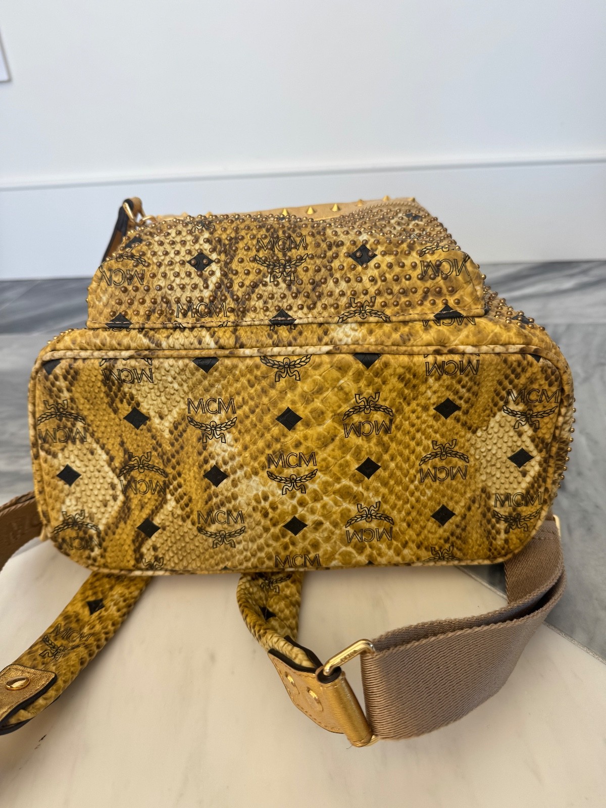 Limited Edition MCM Stark Backpack Gold Python Embossed Leather Studded — image 9