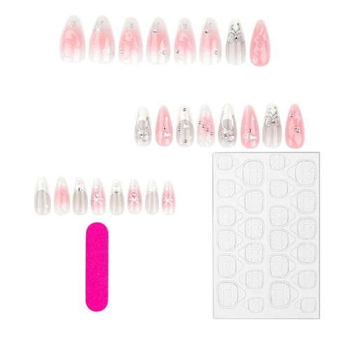 Pink Long Almond False Nail with Bow French Tips Pearl Fake Nails Press On Nail - Picture 4 of 12