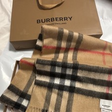 Burberry Cashmere Beige Plaid Logo Fringe Woven Rectangle Scarf Women