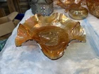 Vntg. MCM Dugan Horses Pony Iridescent Marigold Carnival Glass Dish Ruffled Bowl