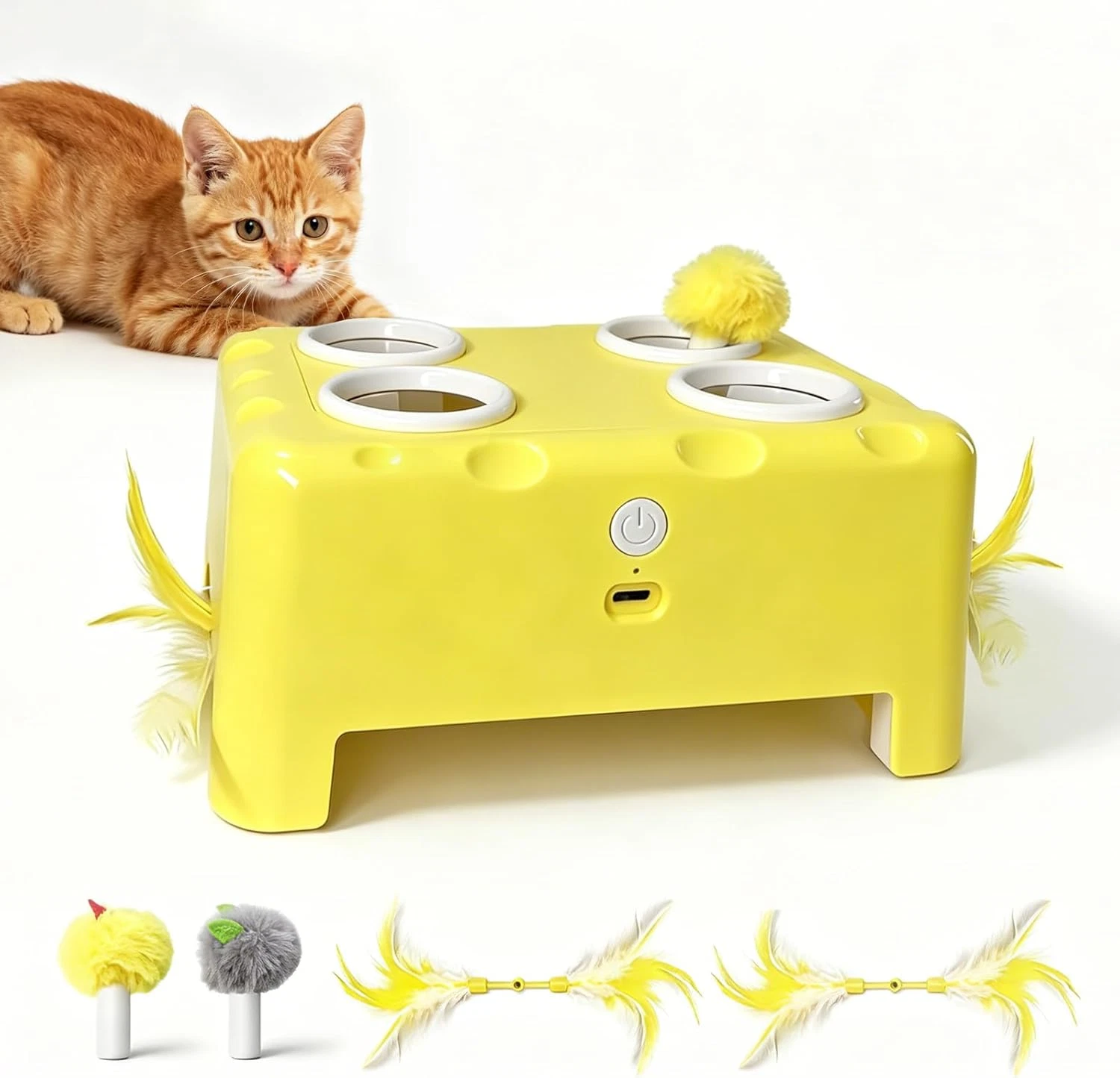 Cheese Box Interactive Cat Toy for Indoor Cats, 3-In-1 Whack a Mole Feather Toy,