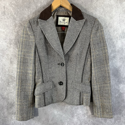 Vtg Y2K Esprit Wool Riding Blazer Coat 2 Single Breasted Plaid Herringbone Brown