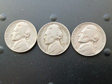 3 Lot of 1941 P D S Jefferson Nickels in good to very good condition