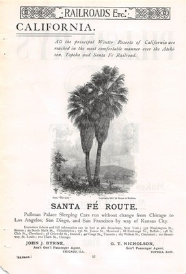 Lot 2 antike Anzeigen von 1891 SANTA FE ROUTE nach California Los Angeles Railroad RR