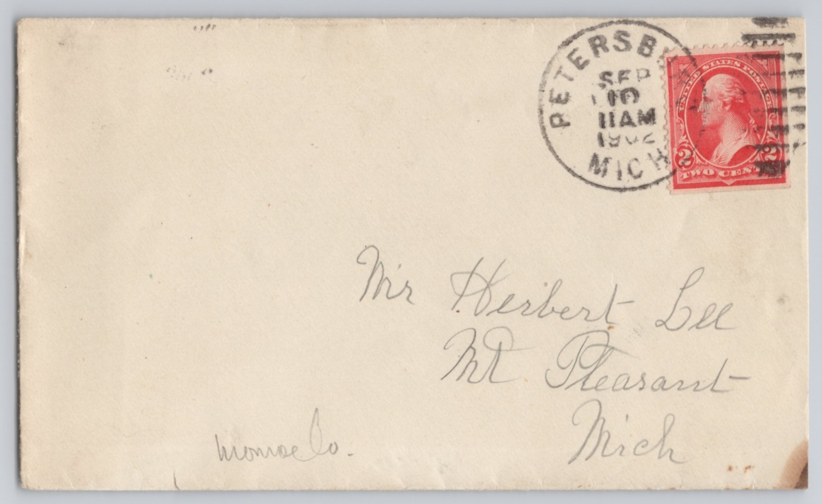 Petersburg, Michigan, Addressed, , 2-cent Washington stamp cancel