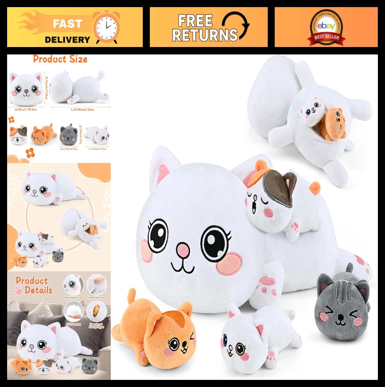 Cat Stuffed Animal Toy Set - Mommy Cat with 4 Kittens, Perfect Gift for Kids 0-8
