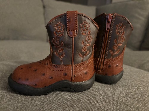 Toddler Cowboy Boots Brown Ostrich Print Leather Western Floral Stitch Size 5
