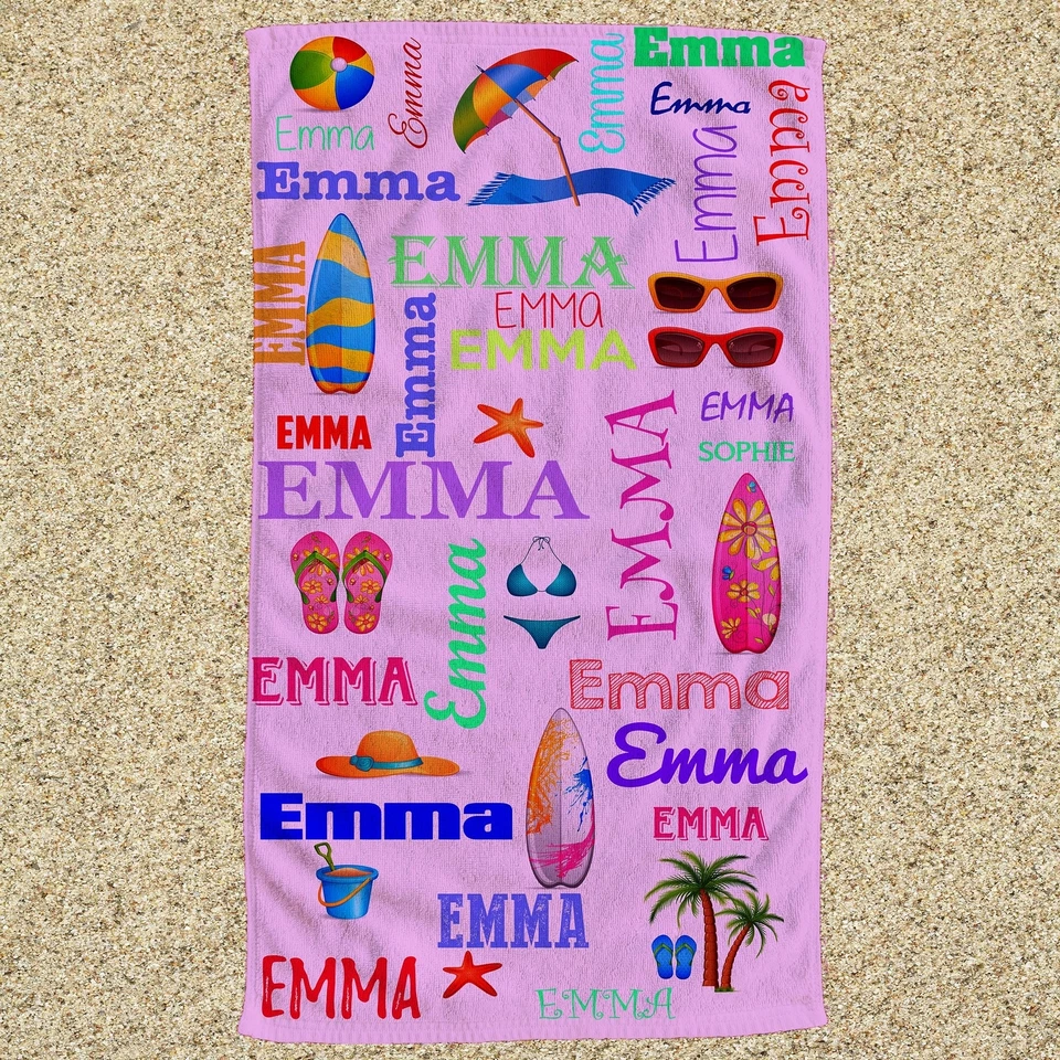 Toalla de playa personalizada con nombre - vibrantes decoraciones de verano Foto 2 de 4