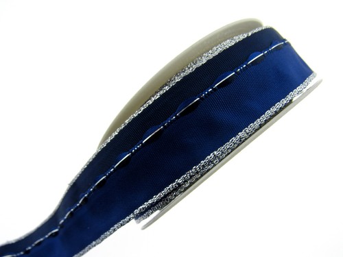 Wired Edge Ribbon - 3m x 25mm Blue Wired Ribbon with Silver Lurex Edge 44111 - Picture 7 of 8