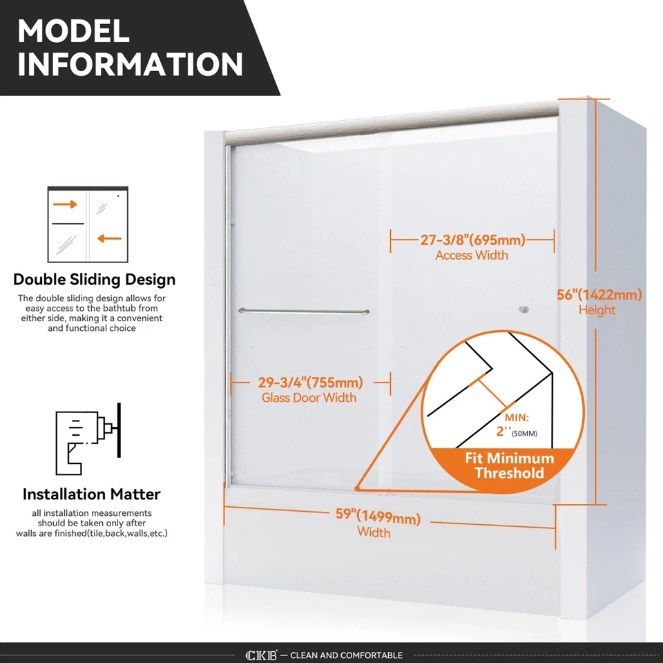 Puertas de bañera de 55-59 pulgadas de ancho x 56 pulgadas de altura, puertas de bañera de derivación semi-sin marco BN Foto 2 de 4