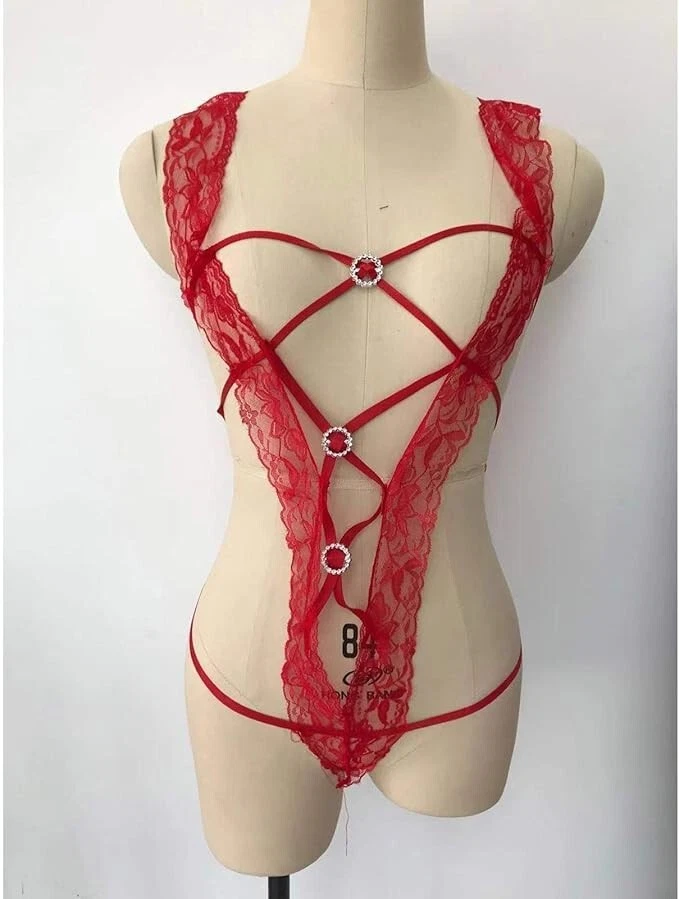 Sexy Halter Frontal Estrás Anillos Arco Trasero Tanga Parte Inferior Peluche Rojo Blanco y Negro Foto 3 de 4