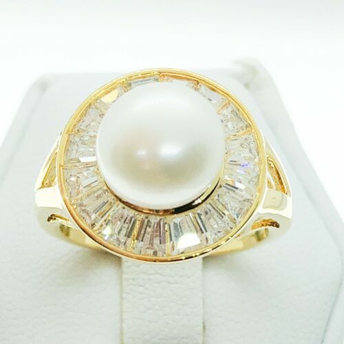 R3976 Women Vintage Jewelry Yellow White Gold Plated Pearl Cocktail Ring Gift - Picture 1 of 8