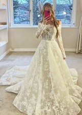 Long Sleeve A Line Wedding Dresses Sheer Floral Bodice Bridal Gown Chapel Train