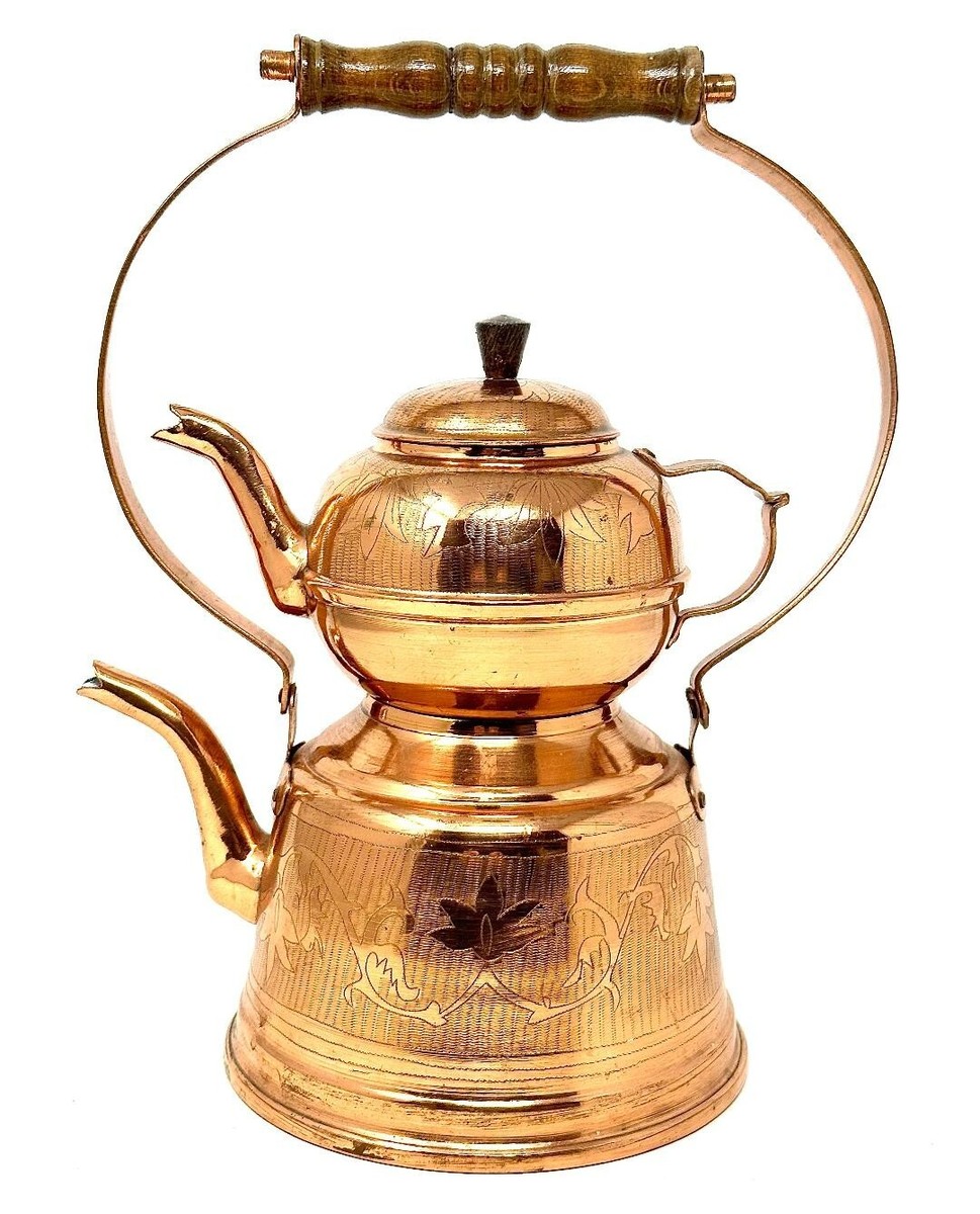 Vintage Copper Tea Pot Samovar Marked Albania Wood Copper Handle  Tall