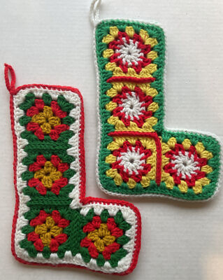 Vintage Pair 2 Crochet Red & Green Christmas Stockings Granny Squares GrannyCore
