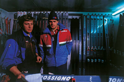 the Italian skier Michael Mair with another person in a little- 1980 Old Photo