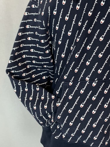 Champion Reverse Weave Hoodie Sweatshirt Herren Med Blue AOP All Over Logo Print - Bild 2 von 10