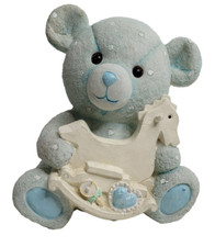Blue Bear Piggy Bank Vtg Rocking Horse Baby Nursery Decor Childs Room Nostalgic