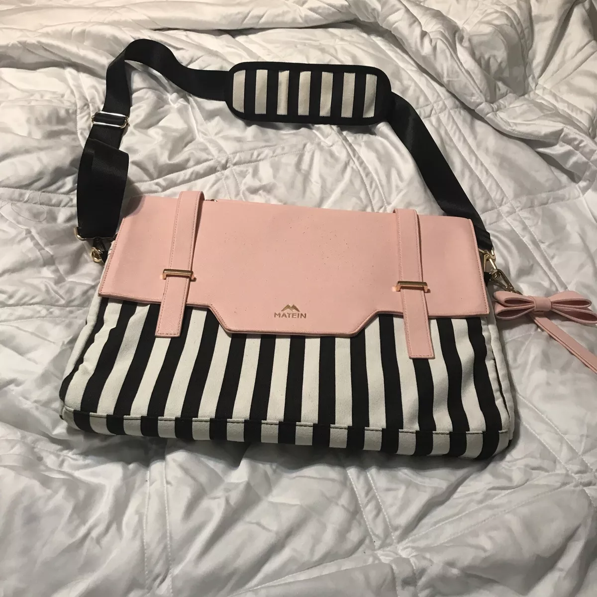 Matein 15.6 Laptop Bag Cute Pink/Black & White Striped Padded RFID Bow  Lightwei