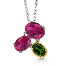 925 Silver and 10K Yellow Gold Created Ruby and Green Chrome Diopside Pendant