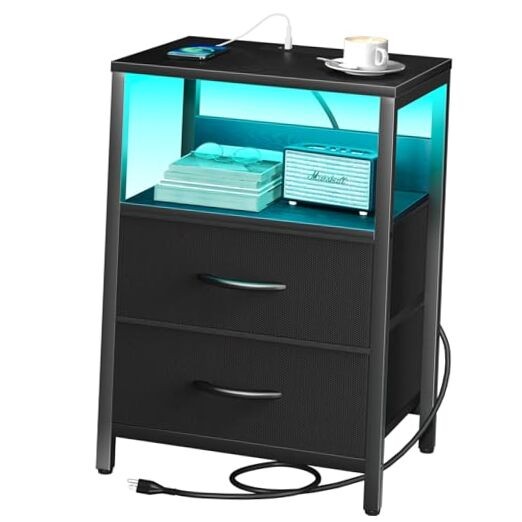 Nightstand with Charging Station, LED Night Stand with Fabric Drawers and