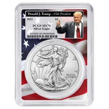 2022 $1 American Silver Eagle PCGS MS70 Trump 45th President Label Flag Frame