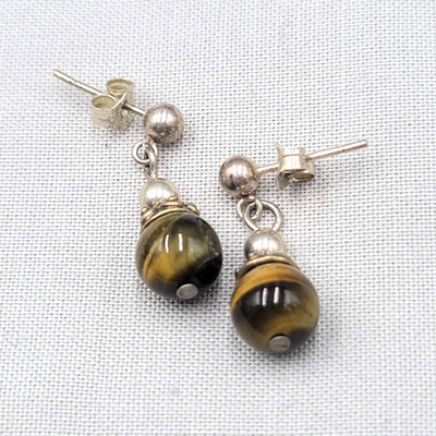 Tiger's Eye Bead Sterling Silver Pierced Earrings Dangle 925 1''