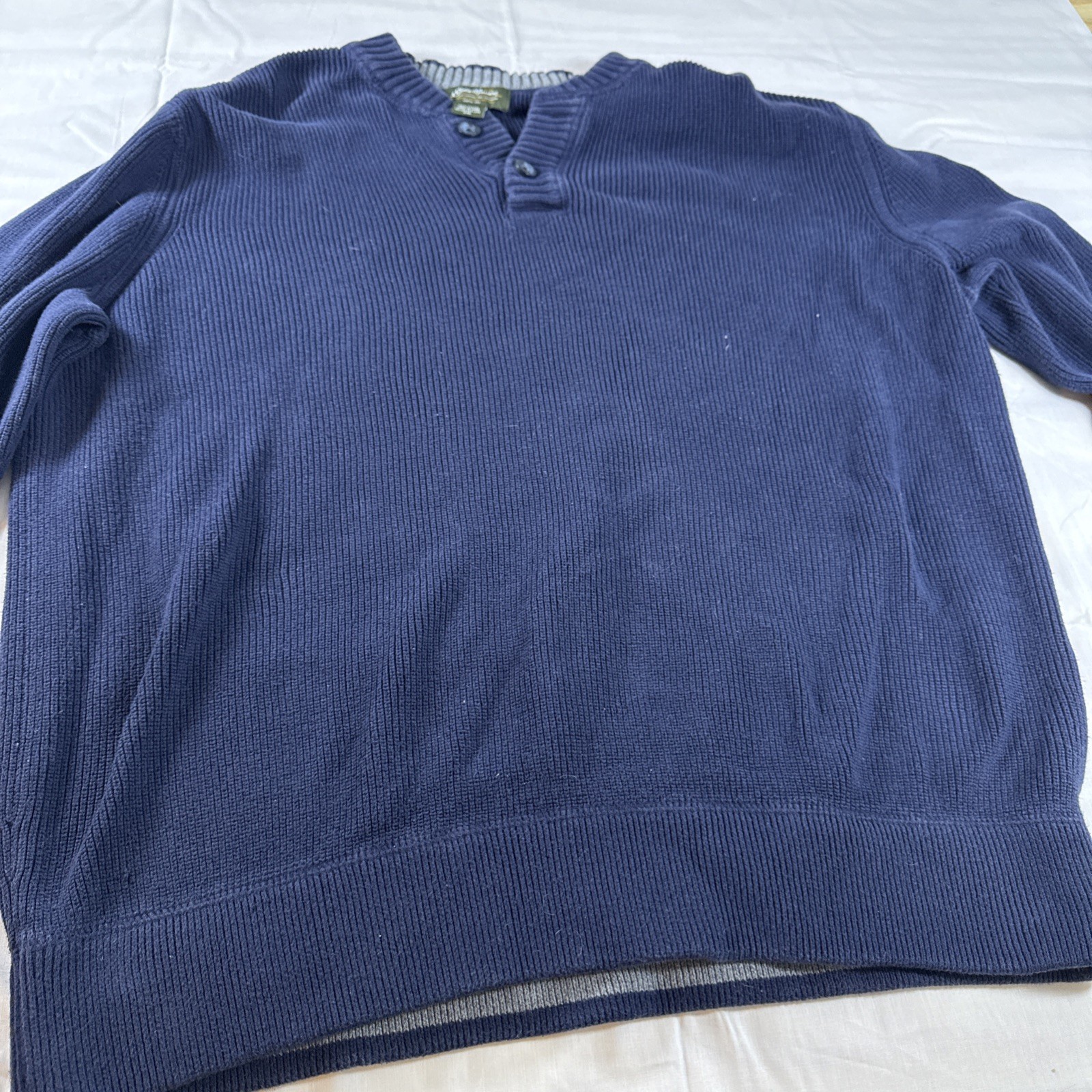 Eddie Bauer Navy Blue Knit Fisherman Henley Pullover Sweater 100% Cotton Mens XL