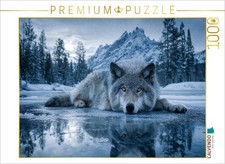 CALVENDO Puzzle Wolf auf Eis im Winterwald | 1000 Teile Lege-Größe 64x48cm Foto-