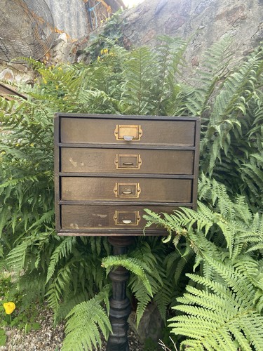 Antique 4 Drawer Desktop Cabinet - Brass Handles - Industrial Office Interest