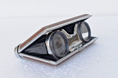 Vintage Sightseer Opera Glasses Folding Binoculars in Box Brown