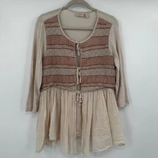 LOGO by Lori Goldstein Embroidered Tunic Top Beige Orange Tie Front Women's L