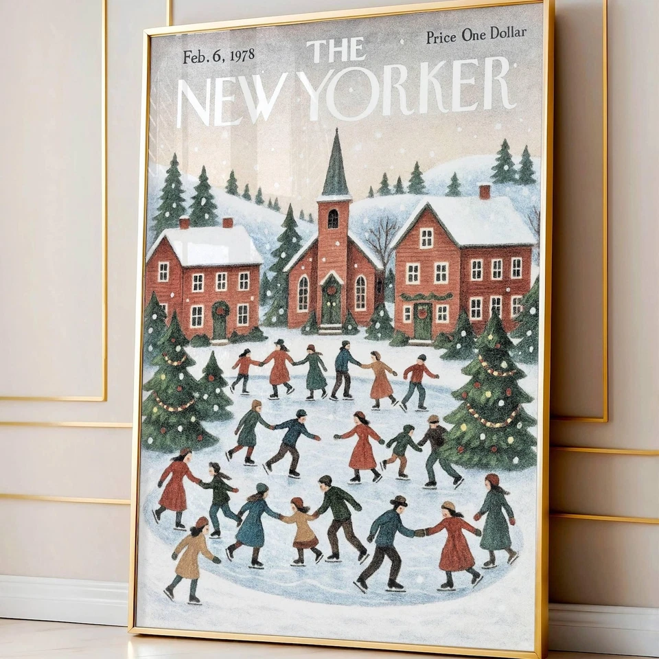 Vintage Christmas Town New Yorker Poster, Snowy Winter Village Holiday Art Print - Изображение 2 из 4