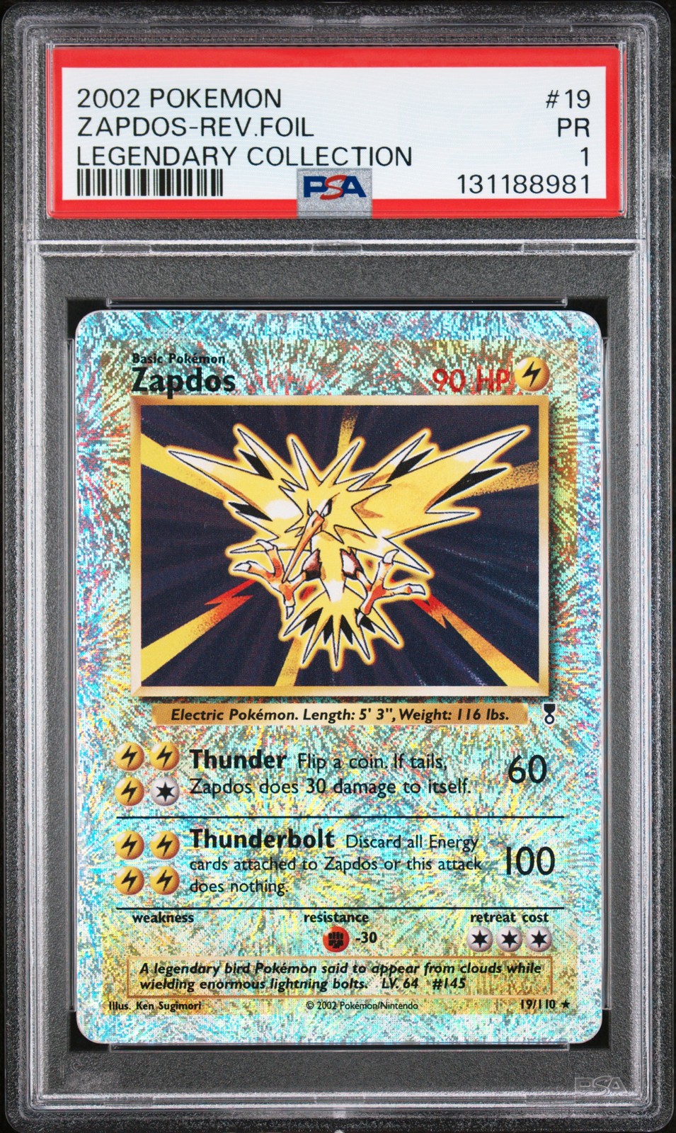2002 POKEMON LEGENDARY COLLECTION #19 ZAPDOS-REVERSE FOIL PSA 1