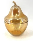 Vintage MCM Jeanette Carnival Glass Marigold Apple Shaped Covered Candy Dish
