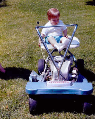 Redhead Toddler Boy/Girl on Sears Craftsmen Riding Lawn Mower: 1960's 35mm Slide