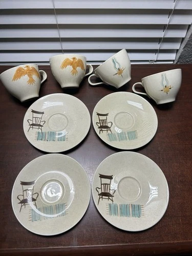 Vintage Red Wing Pottery Hearthside Pattern: (4) Cup & Saucer Sets