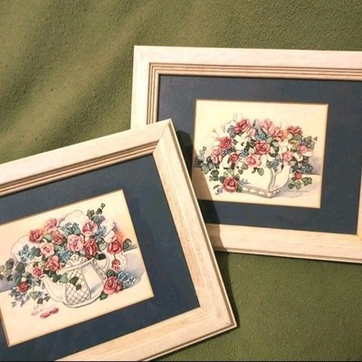 Vintage Pair Floral Framed Prints, Signed Korsgaden, Summer Flowers In Teapots