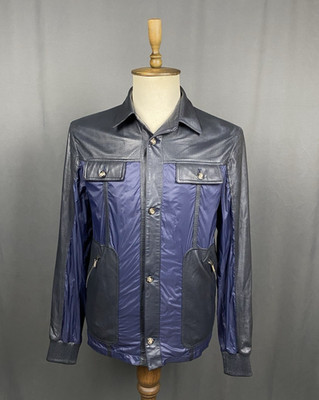 NEUWERTIG! A.Testoni Herren Lederjacke Blau Schwarz Nylon Größe M