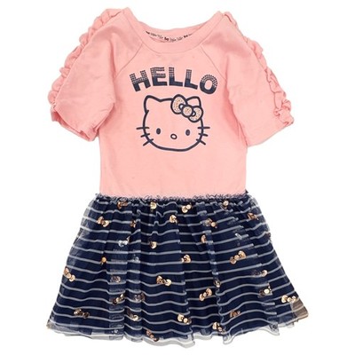 Hello Kitty Girls Pink & Navy Blue Striped Ruffle Tulle Dress Size 5