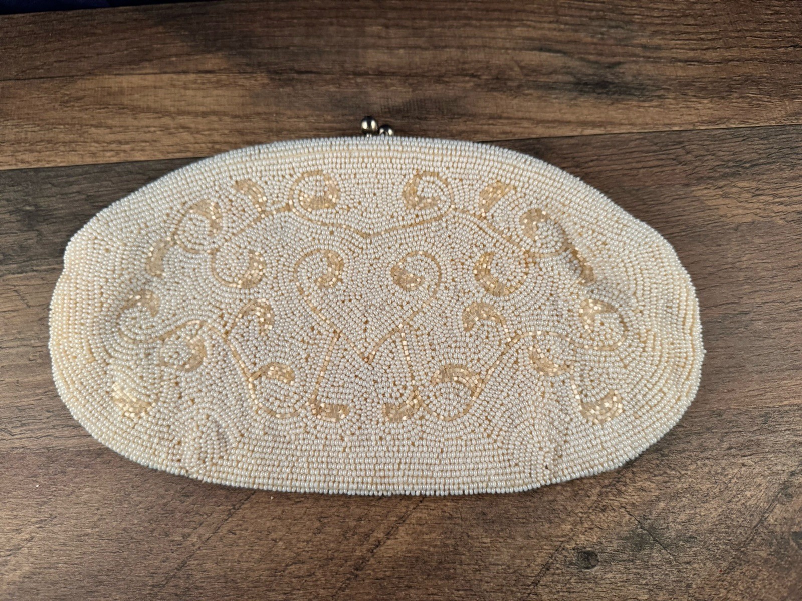 Vintage Hand Seed Beaded Purse Clutch White Gold Clasp Wedding Bridal 10