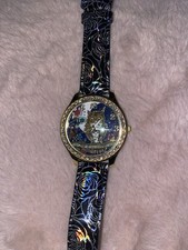 Rare Collectible Owl Crystal Watch Gold Tone Moon Stars Quartz